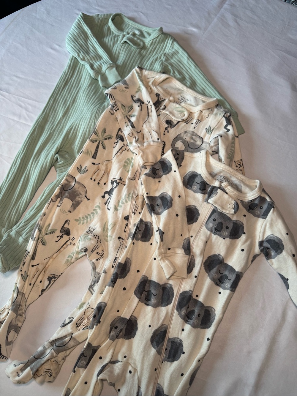 Member’s Mark Neutral Koala Safari Baby Footie Sleepers and Mint Ribbed Playsuit